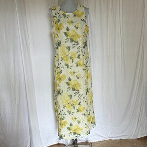 Vintage spring summer yellow beige multi color floral print Maxi Dress S M/L